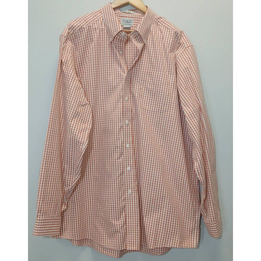 L L bean mens 17.5 gingham plaid button shirt coral salmon peach wrinkle free